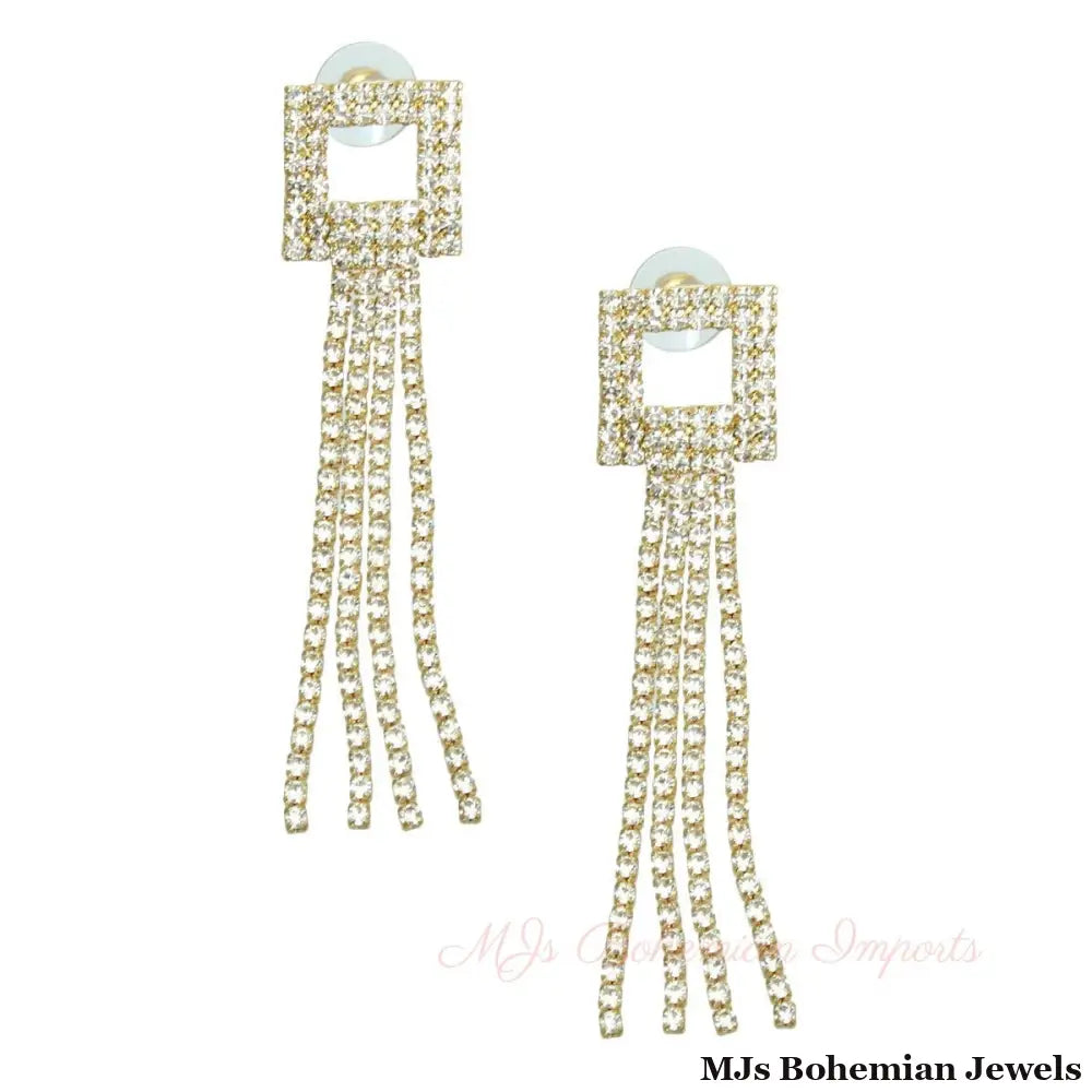 Gold Square Rhinestone Fringe Earrings