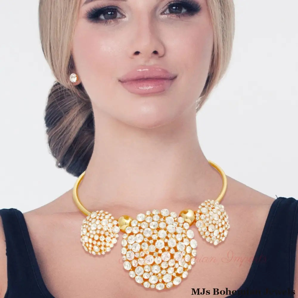 Gold Triple Rhinestone Dome Cluster Collar