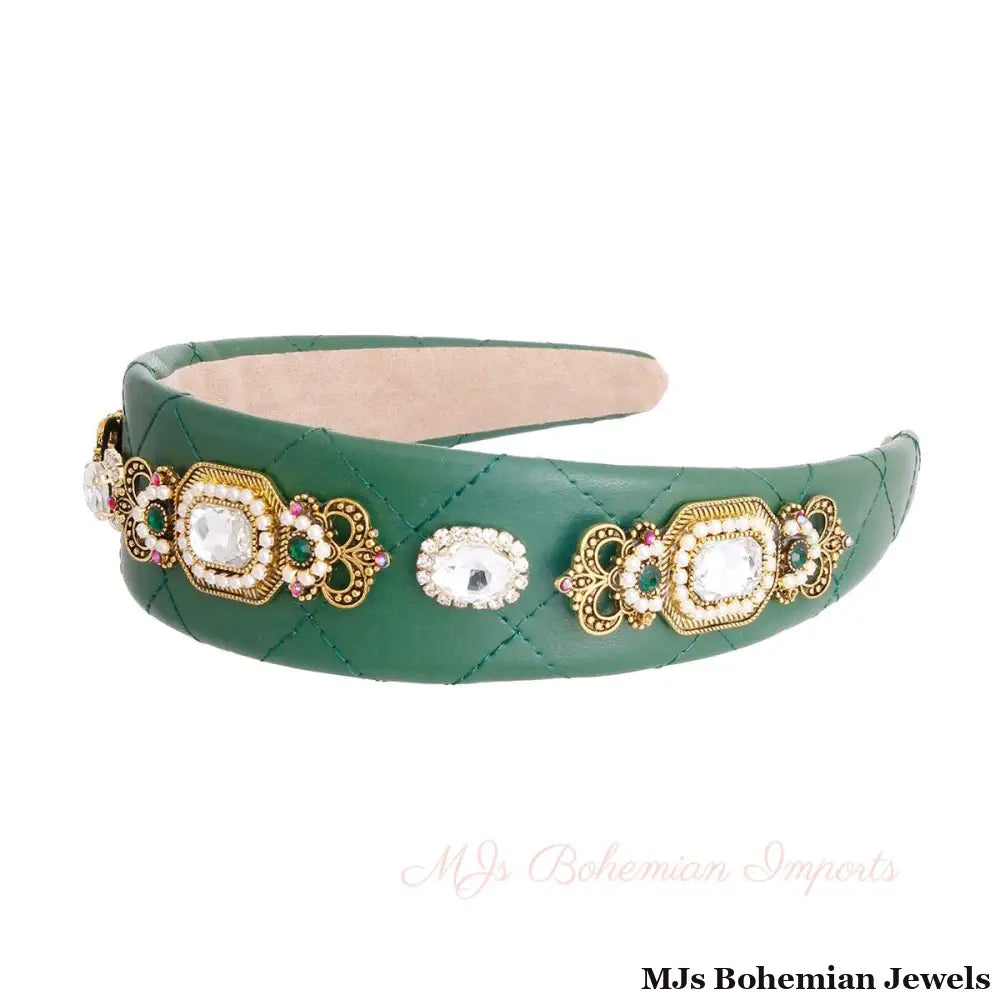 Green Vegan Leather Crystal Headband