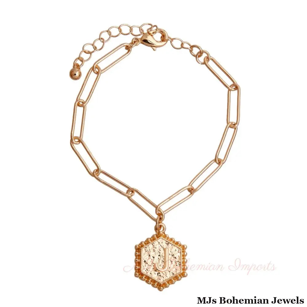 J Hexagon Initial Charm Bracelet