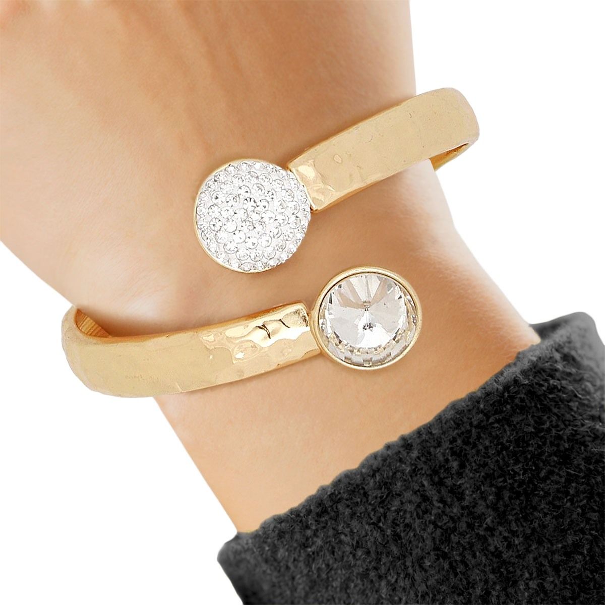 Cuff Hammered Gold Round Crystal Wrap Bracelet