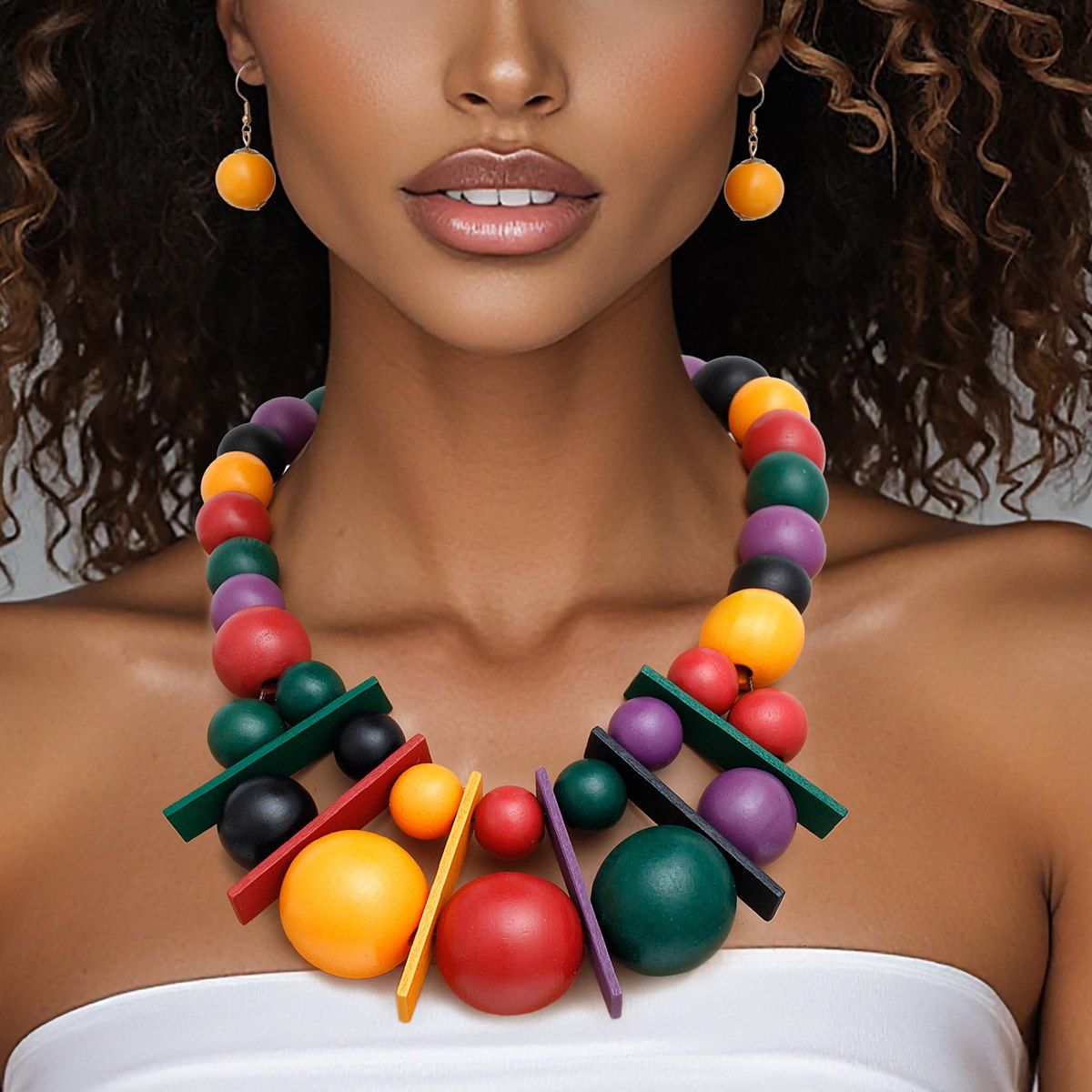 Bib Chunky Multicolor Wood Geometric Bead Necklace