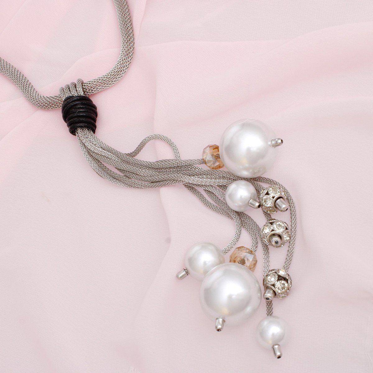 Tassel Long White Pearl Rhinestone Silver Necklace