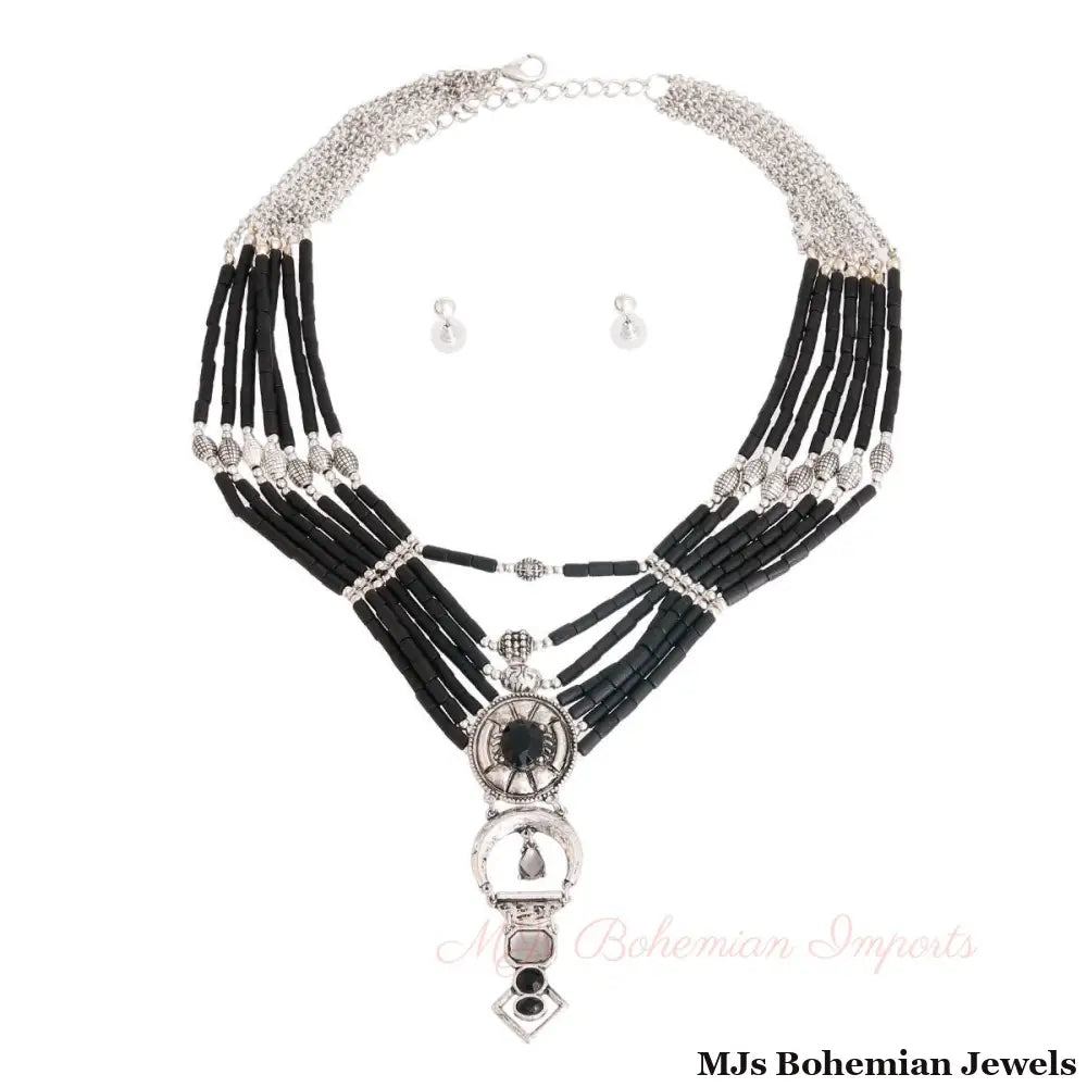 Layered Black Bead Silver Necklace
