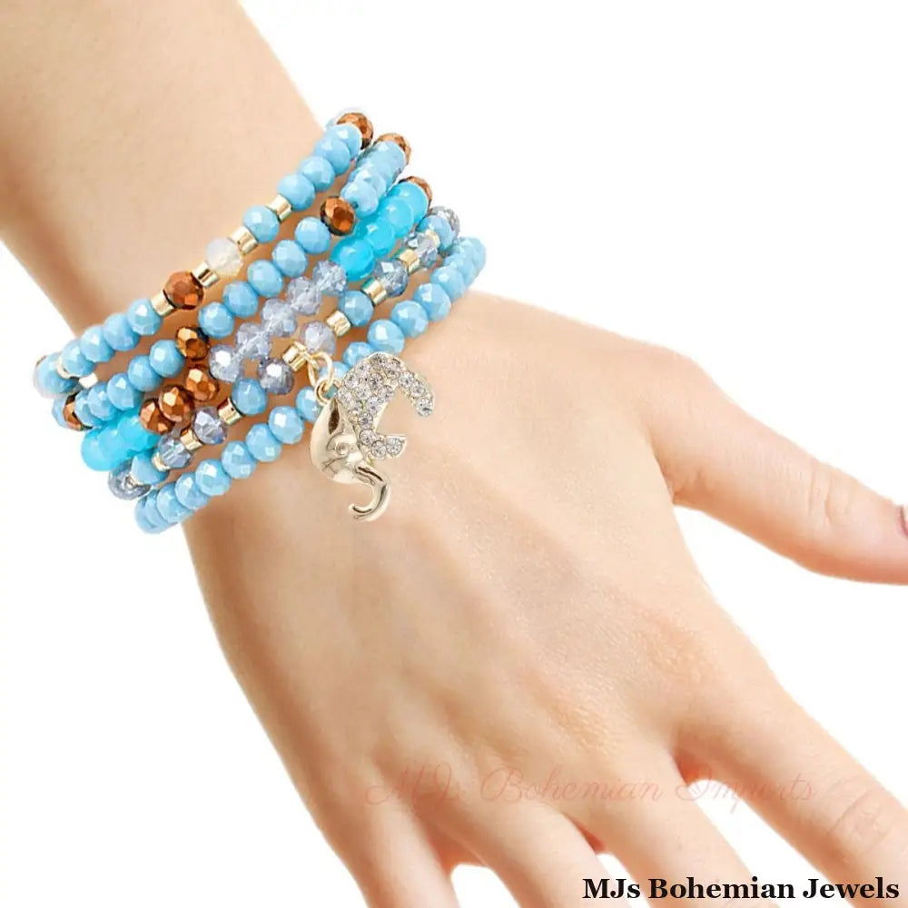 Light Blue Glass 5 Pcs Elephant Bracelets
