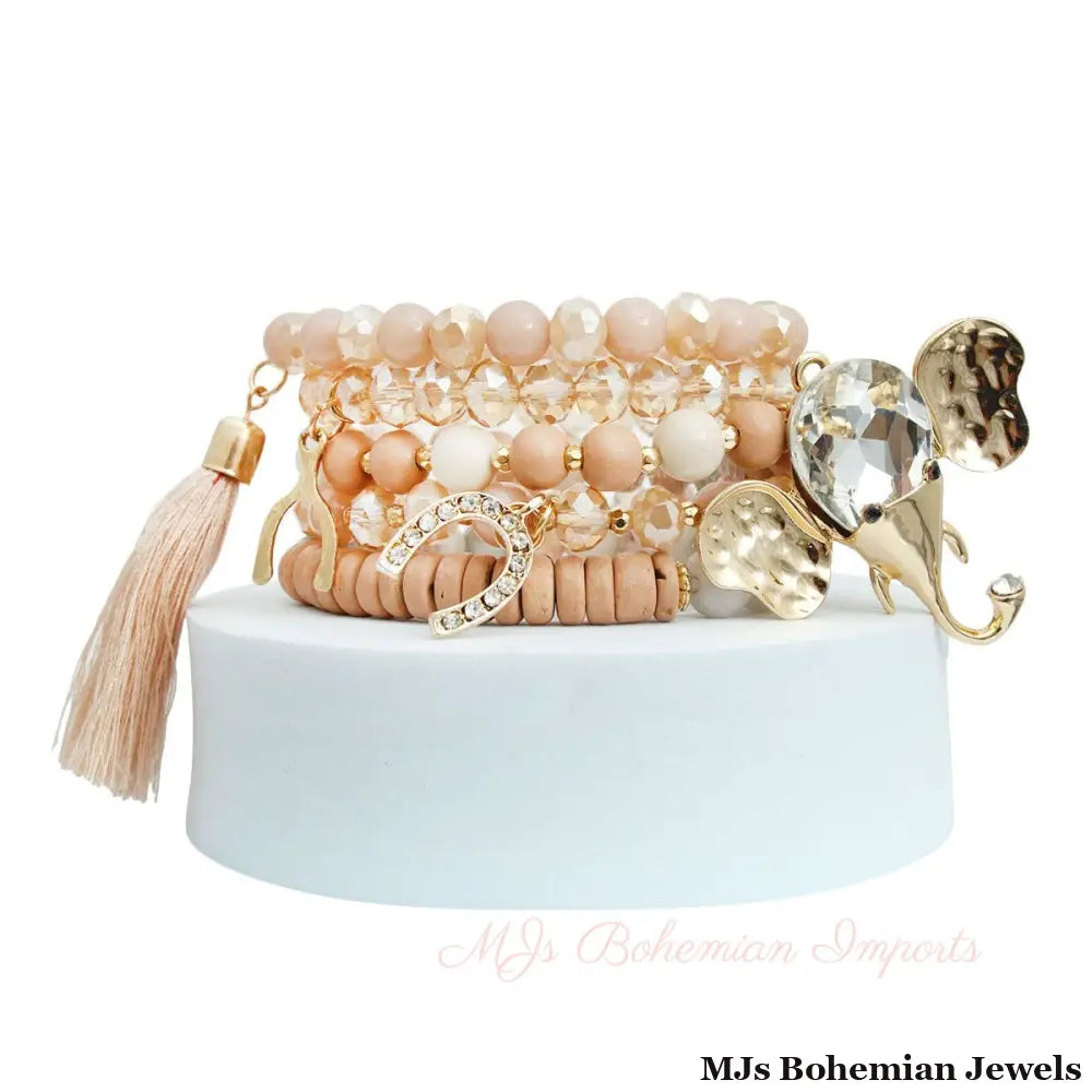Light Brown Bead Elephant Charm Bracelets