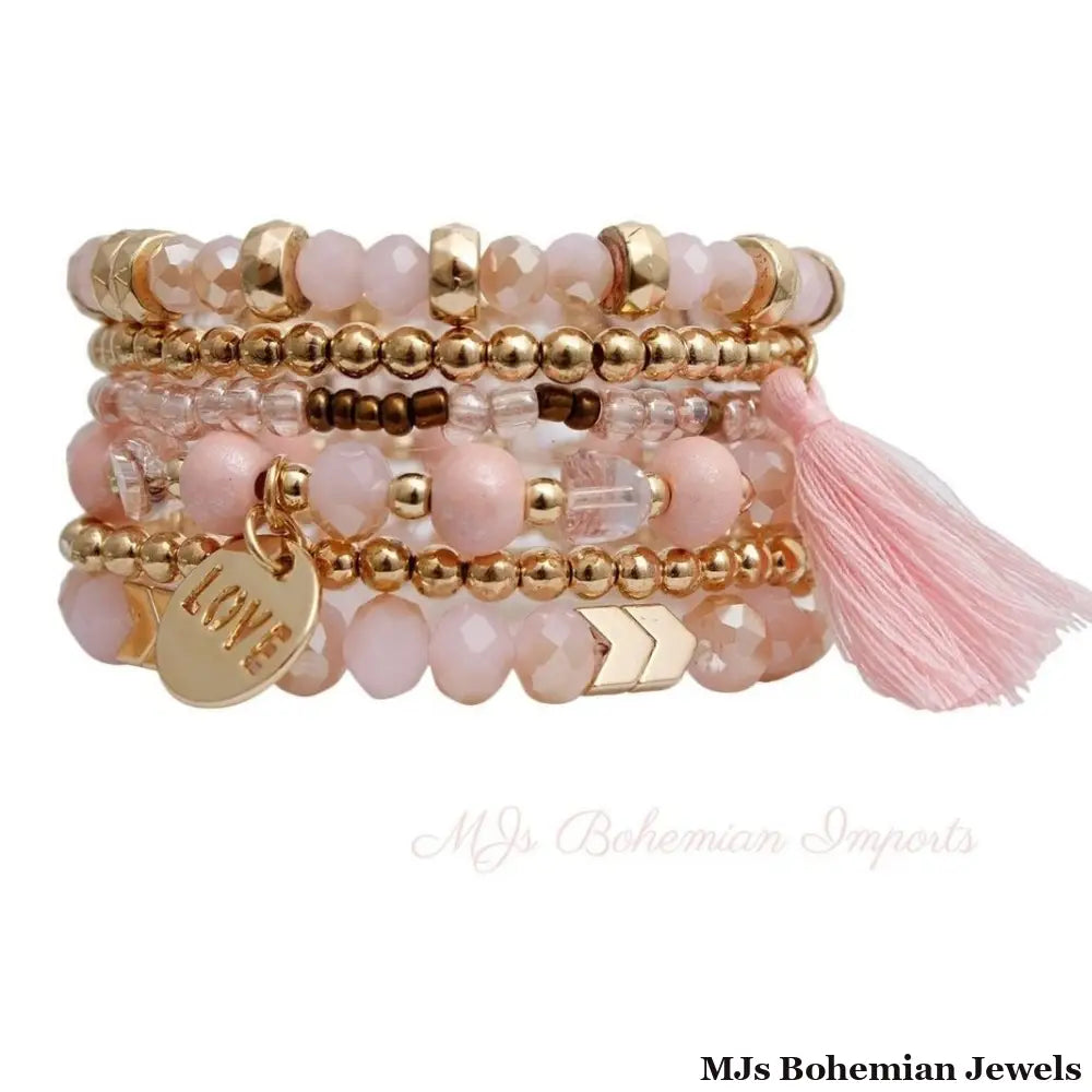 Light Brown Glass Love 6 Pcs Bracelets