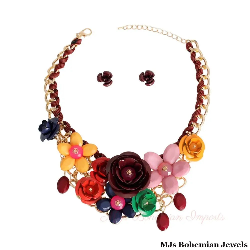 Maroon Rose Collar Necklace Set