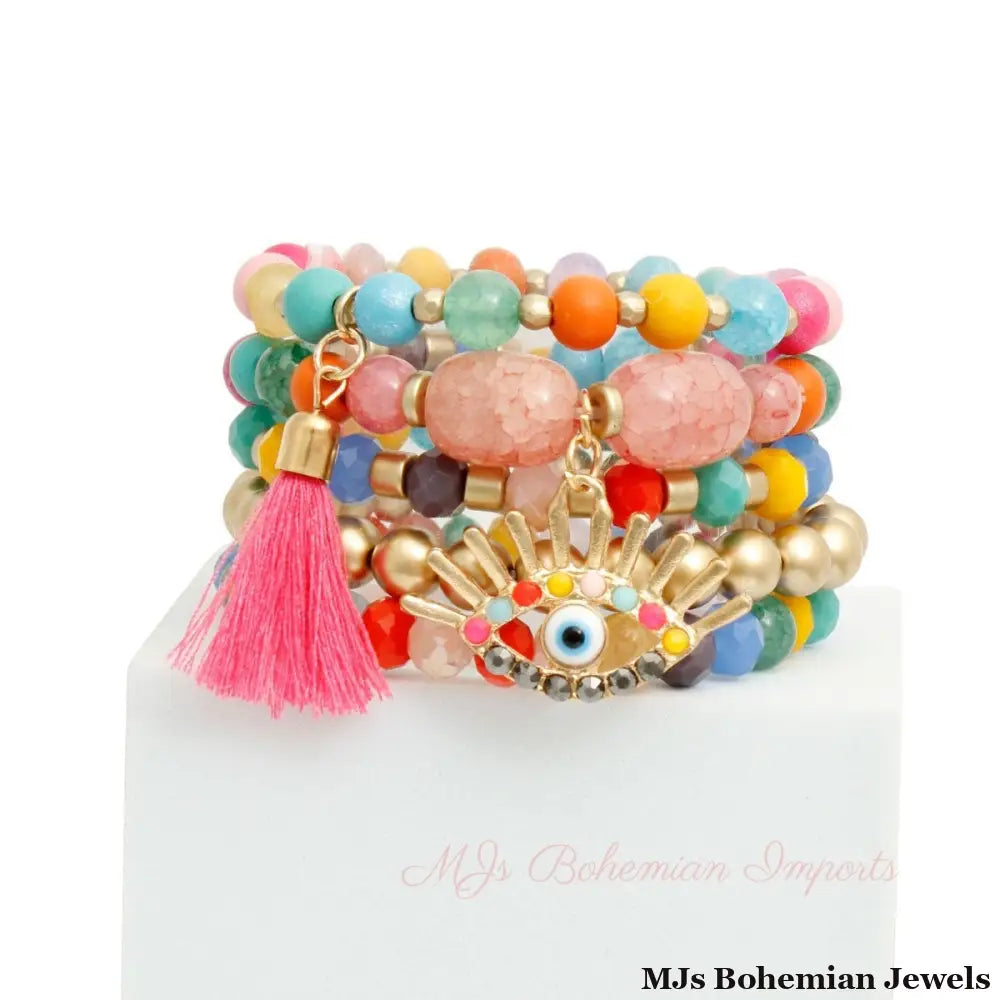 Matte Gold Rainbow Evil Eye Bracelets