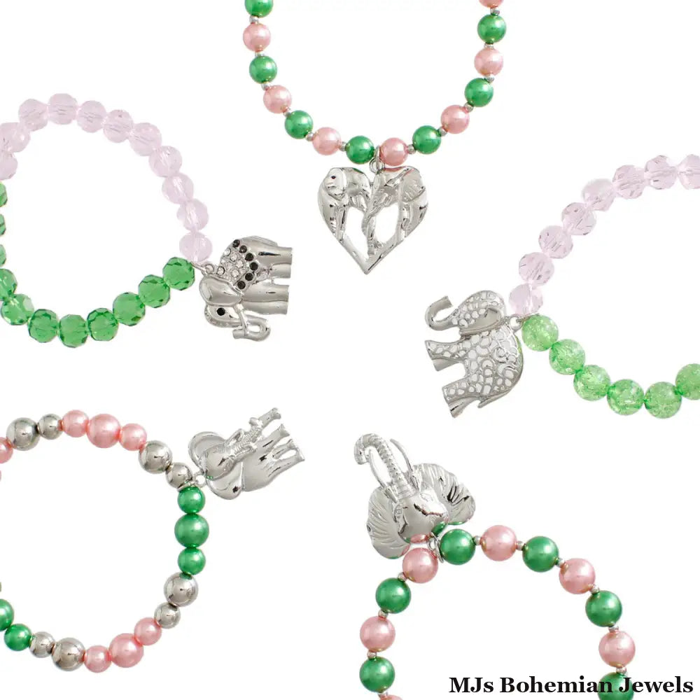 Mixed Pink Green Elephant Bracelets