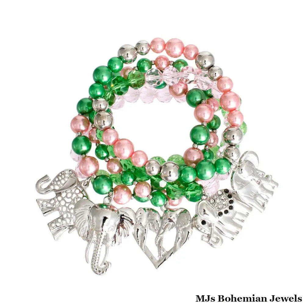 Mixed Pink Green Elephant Bracelets