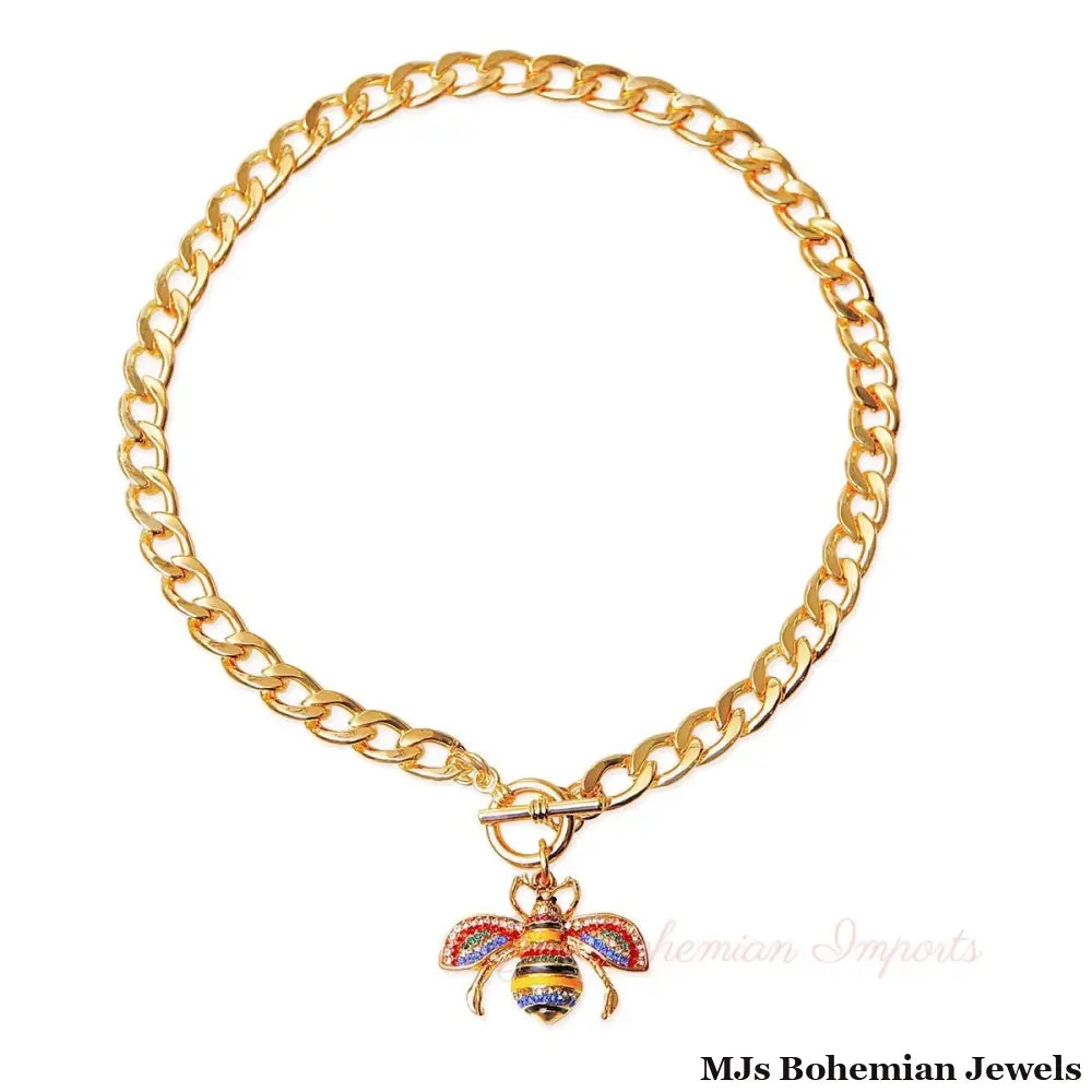 Multicolored Rhinestone Bee Toggle Necklace