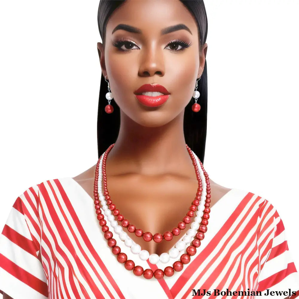 Pearl Necklace Red White 3 Strand for Women