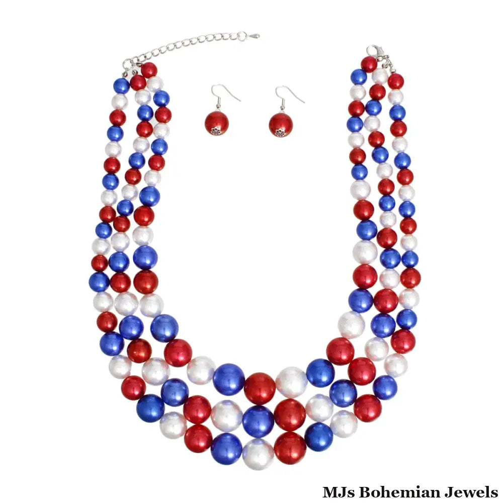 Pearl Necklace Red White Blue 3 Strand for Women