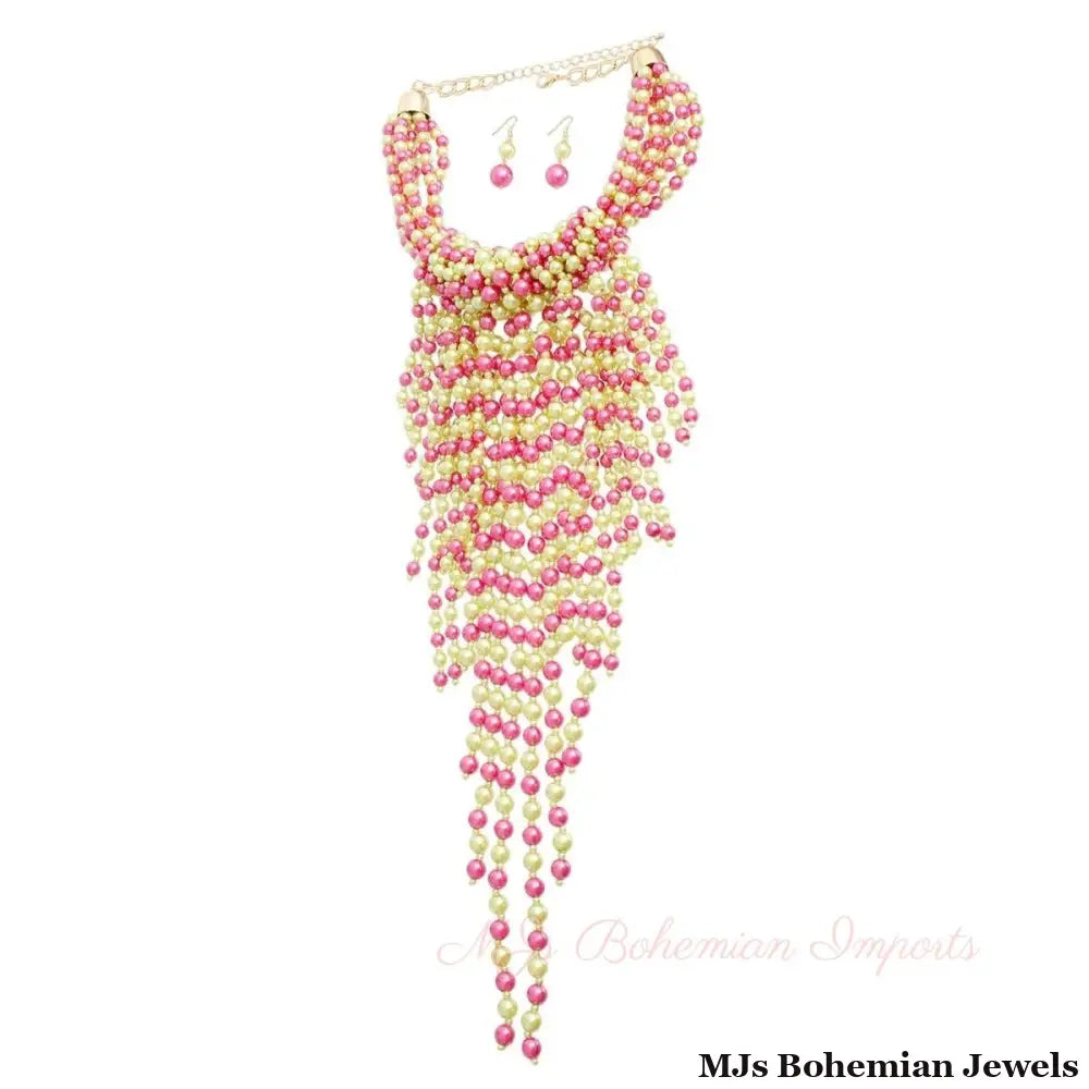 Pink and Yellow Clustered Fringe Pearl Set