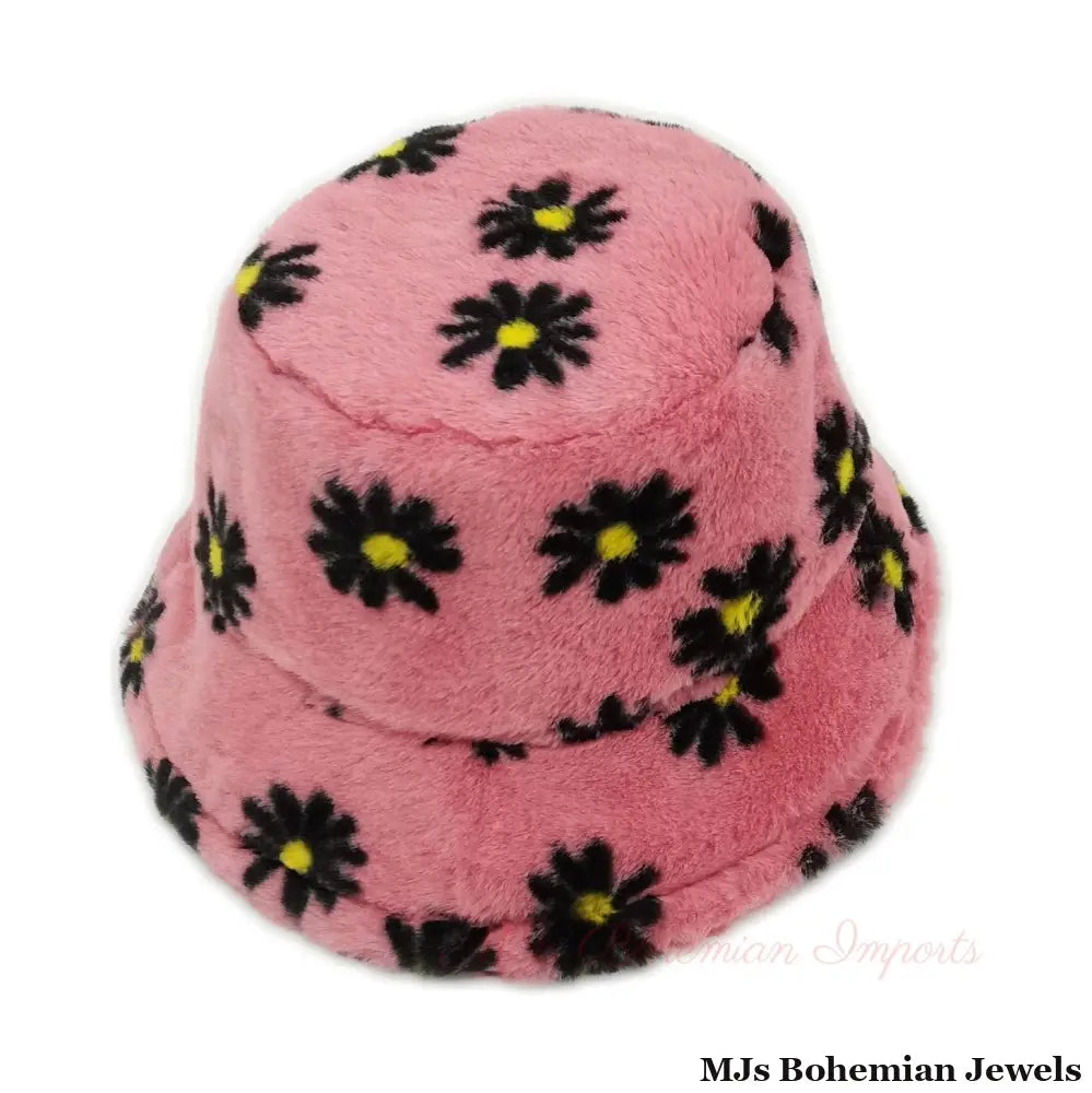 Pink Floral Faux Fur Bucket Hat