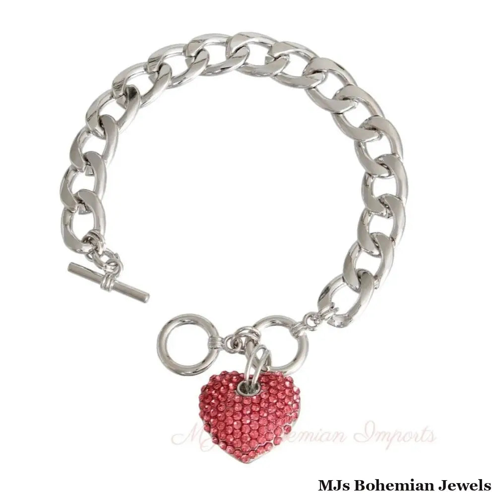 Pink Stone Heart Silver Bracelet