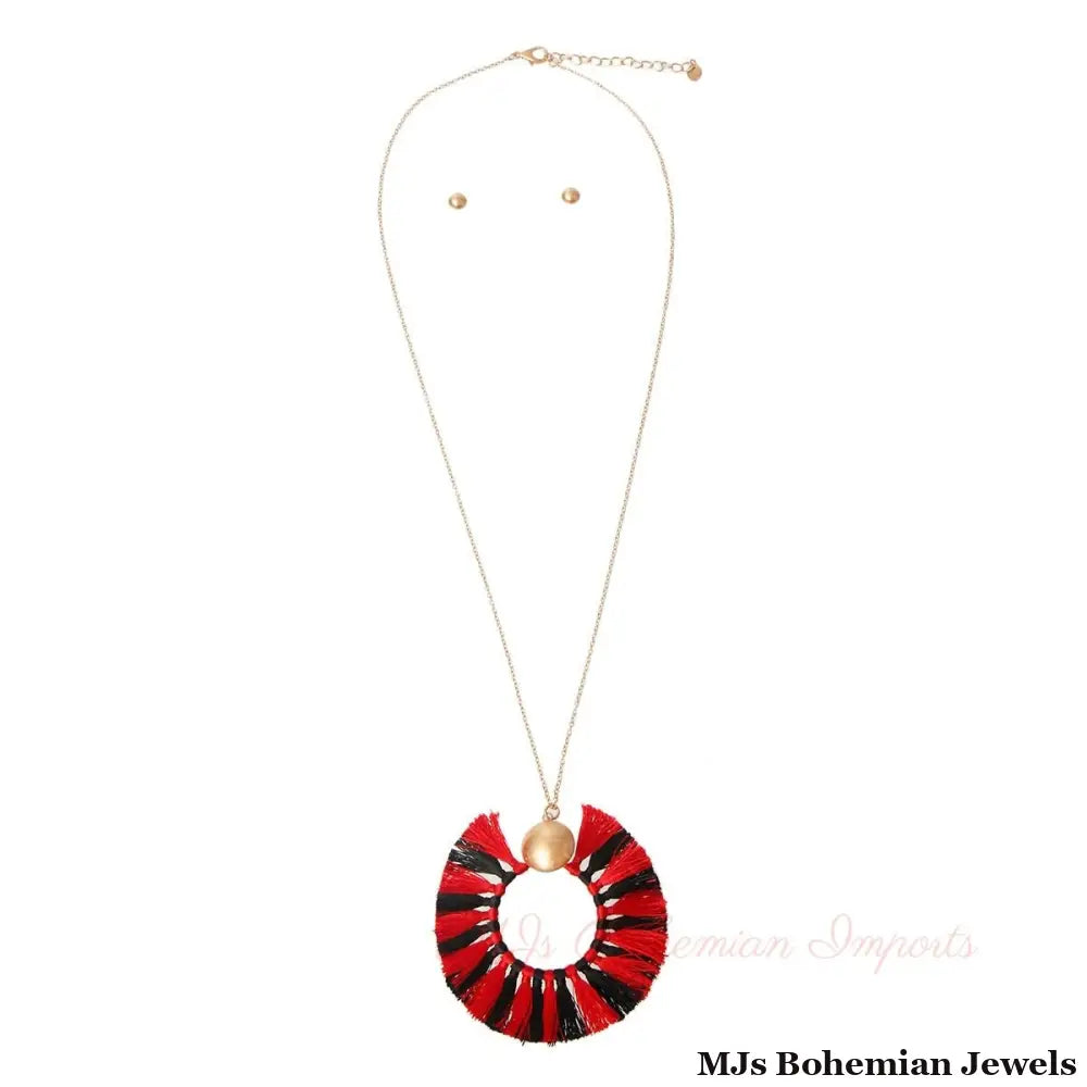 Red and Black Silk Tassel Necklace Set