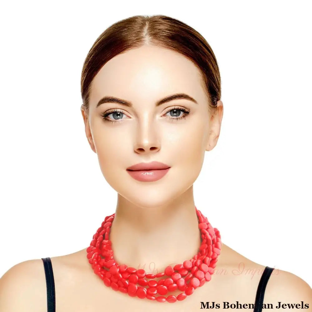 Red Flat Bead Necklace Set