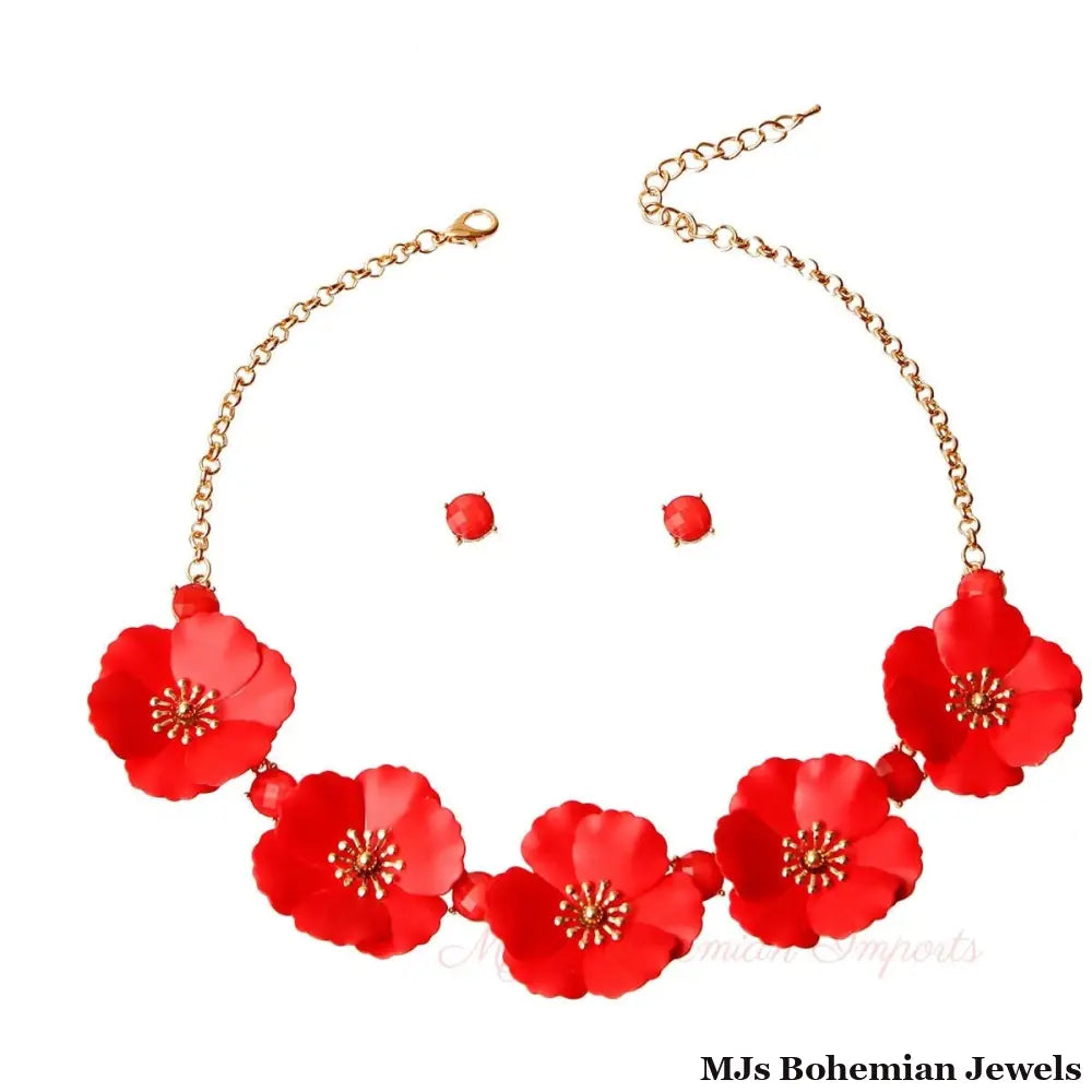Red Flower Necklace Set