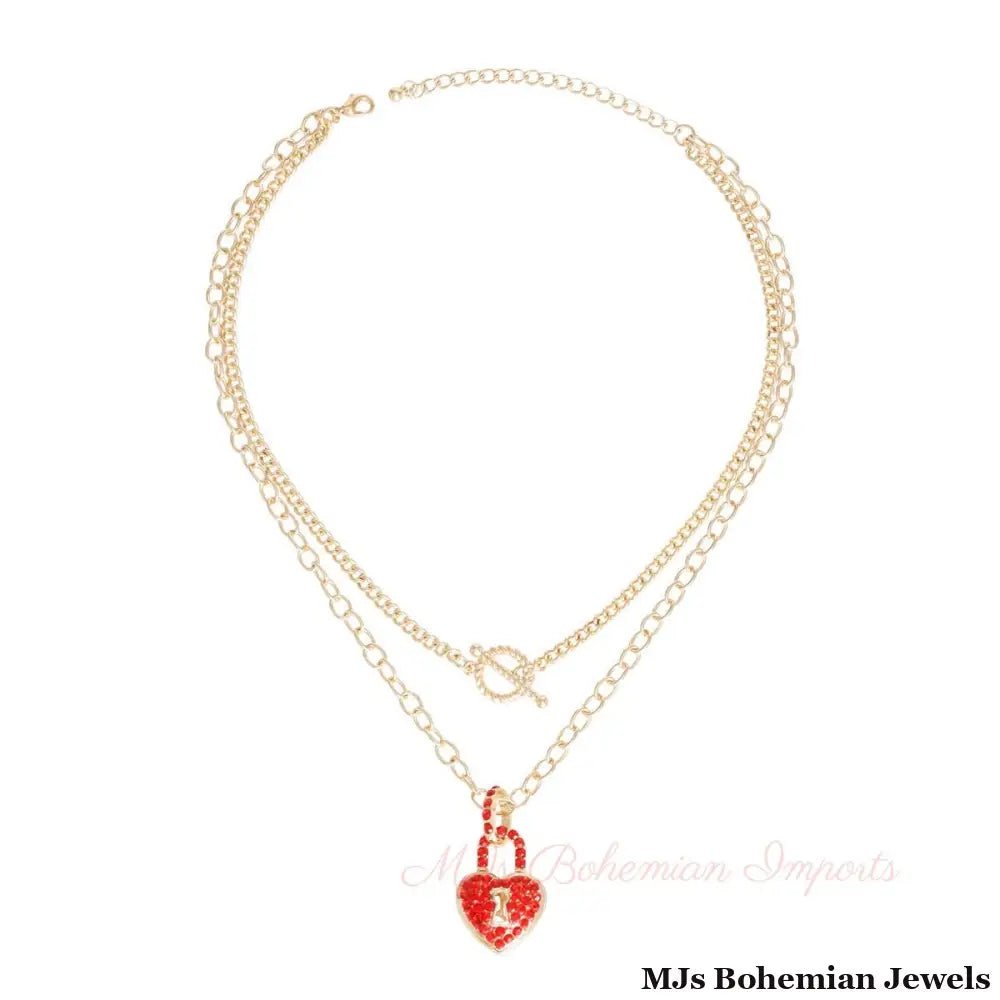 Red Locked Heart Gold Necklace