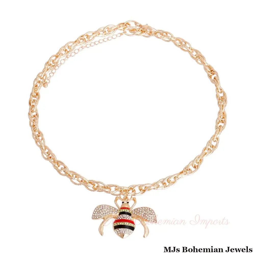 Red Striped Bee Chain Link Necklace