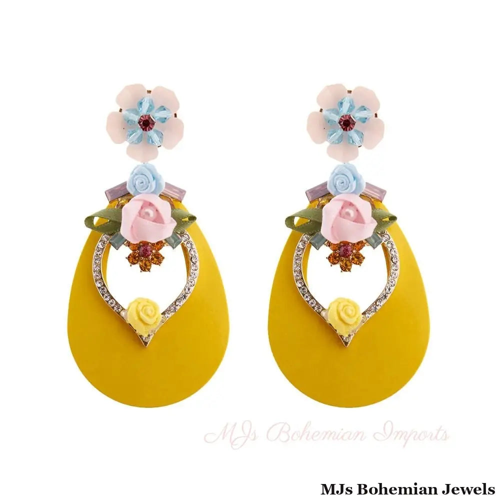 Red Teardrop Earrings - Rhinestone & Flower