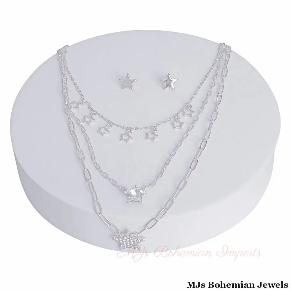 Silver 3 Layer Dainty Chain Star Necklace Set