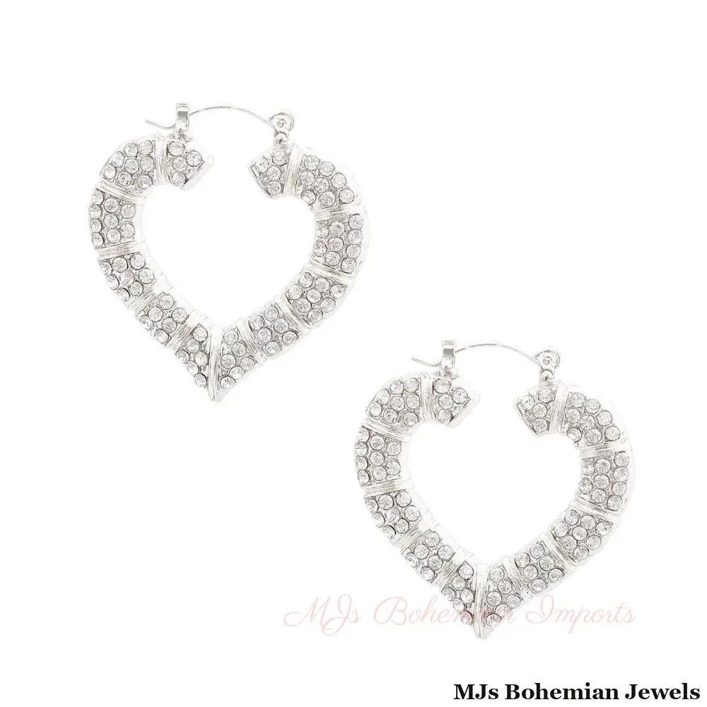 Silver Bling Heart Bamboo Hoops