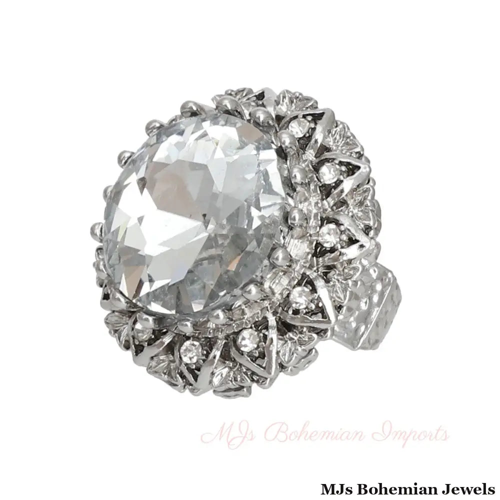 Silver Clear Crystal Vintage Cocktail Ring