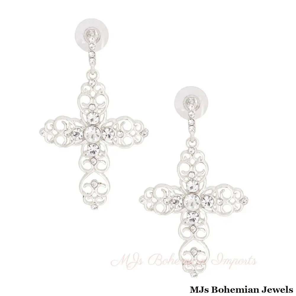 Silver Filigree Cross Earrings