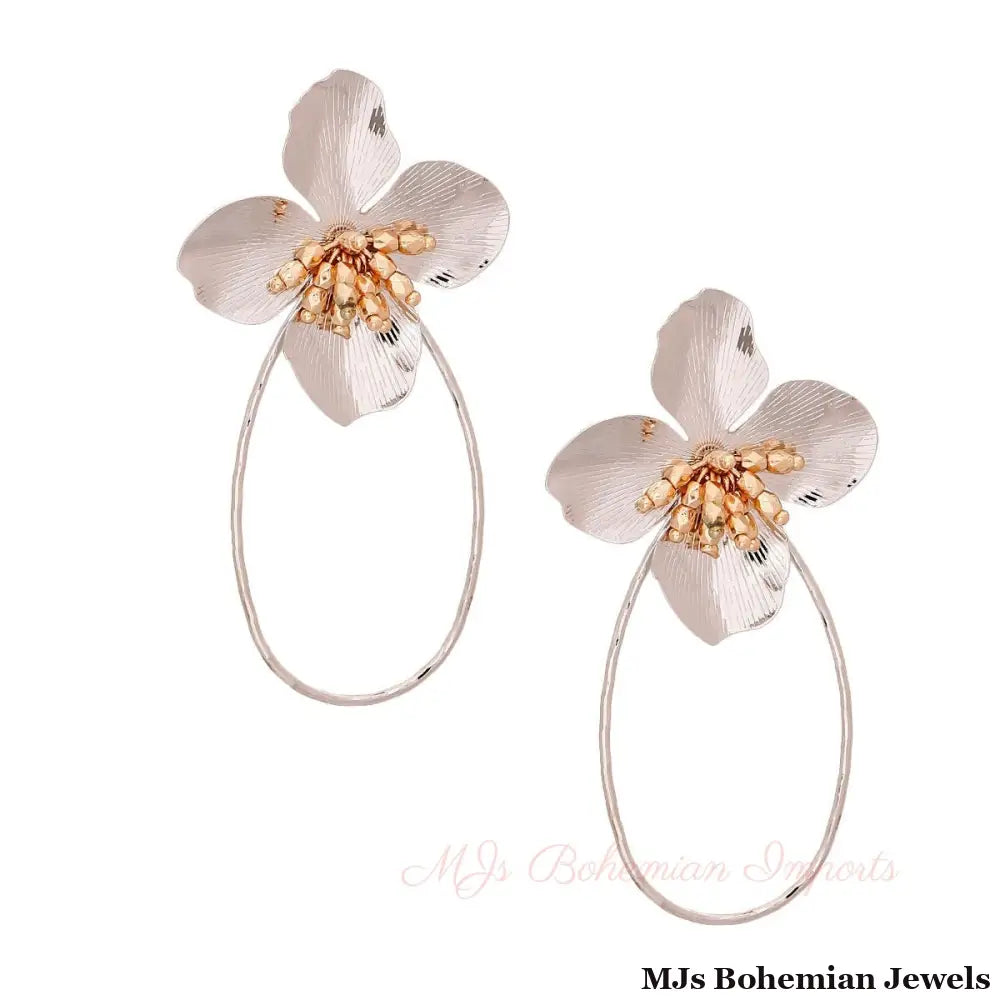 Silver Flower Teardrop Hoops