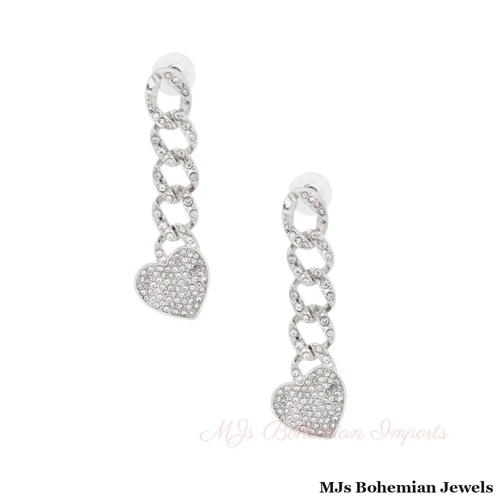 Silver Iced Chain Link Heart Earrings