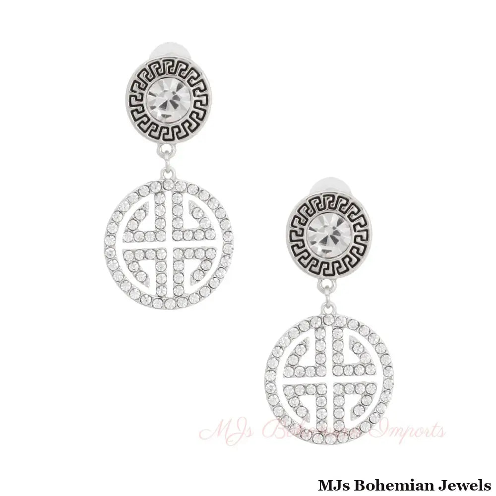 Silver Round Crystal Greek Key Earrings