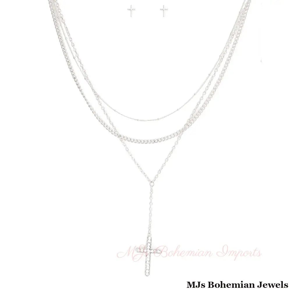 Silver Triple Chain Cross Set