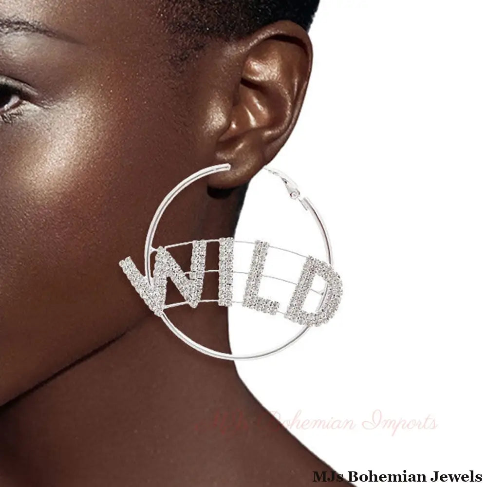 Silver WILD Rhinestone Hoops