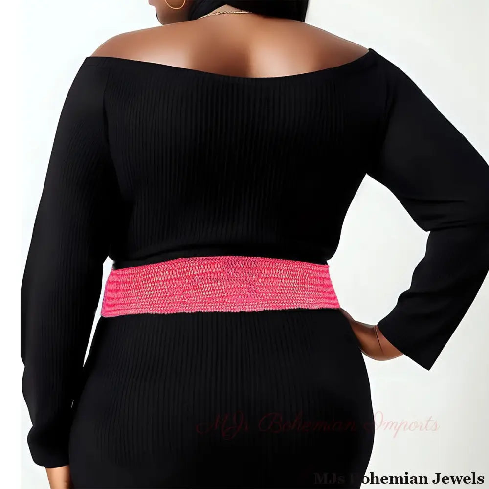 Stretch Belt Raffia Fuchsia Flower for Women