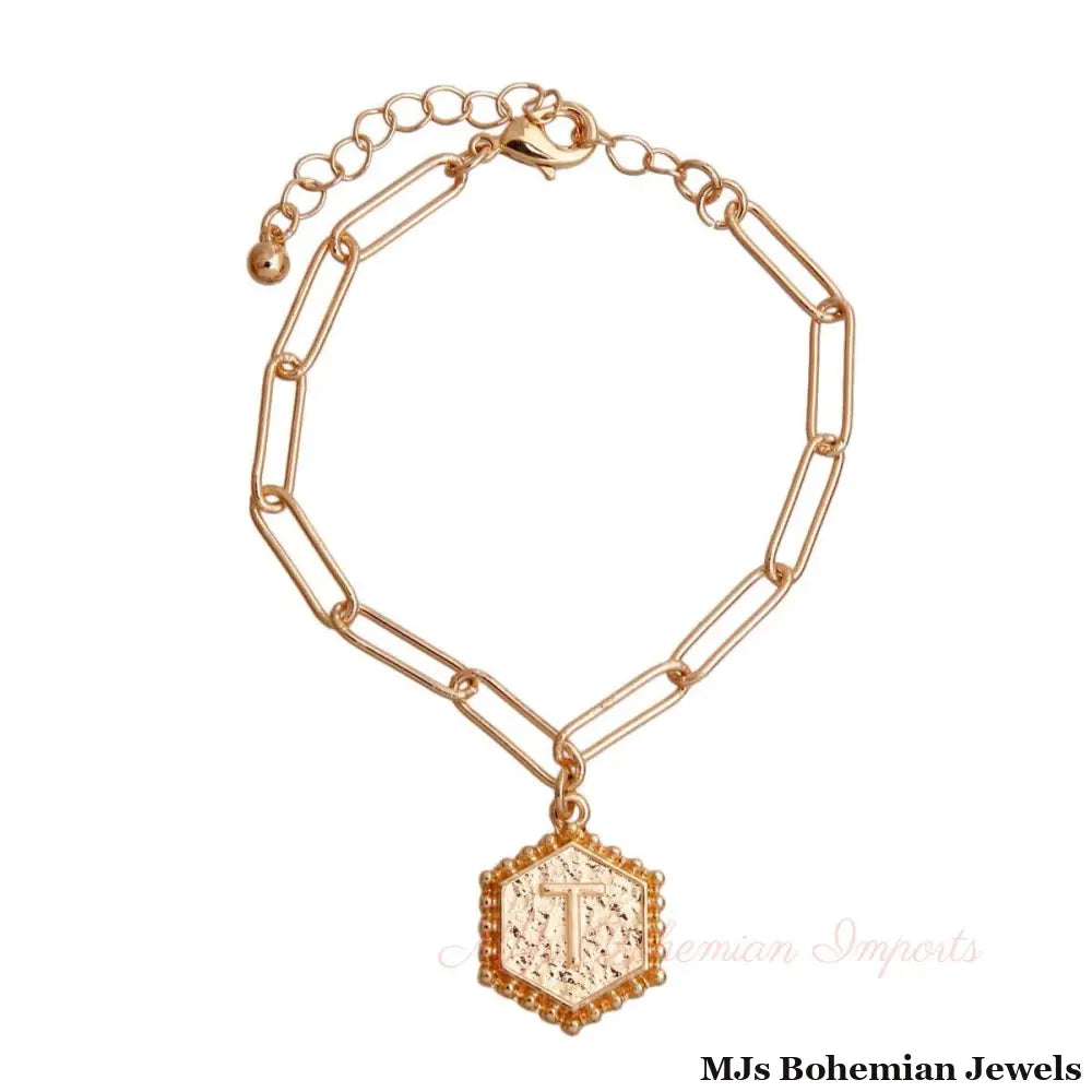 T Hexagon Initial Charm Bracelet