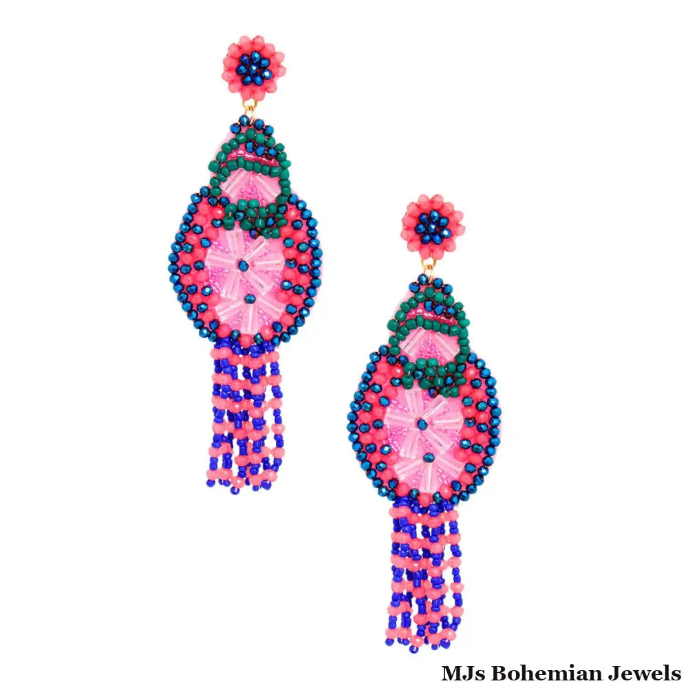 Tassel Pink Beaded Large Earrings for Women