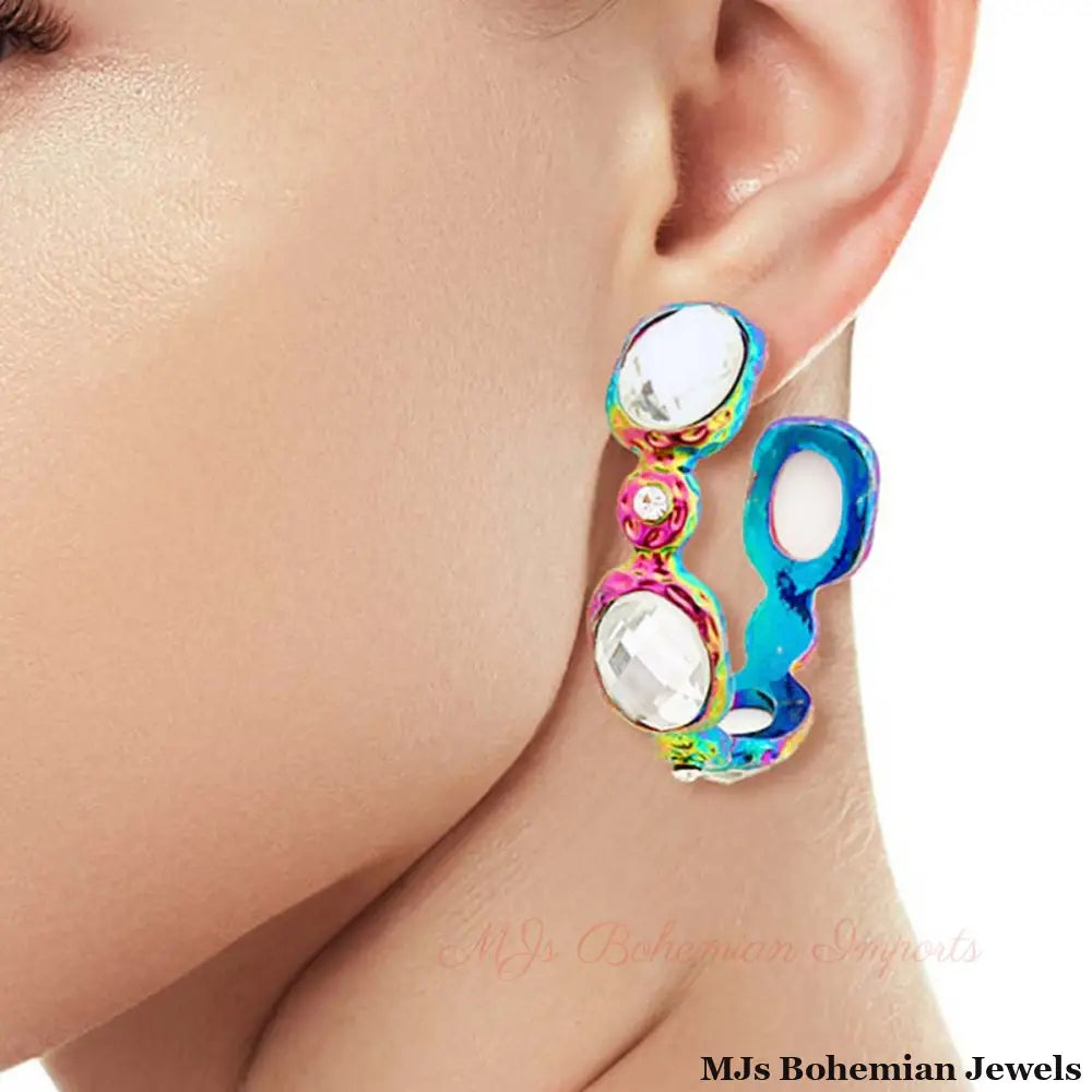 Vibrant Rainbow Crystal Hoops