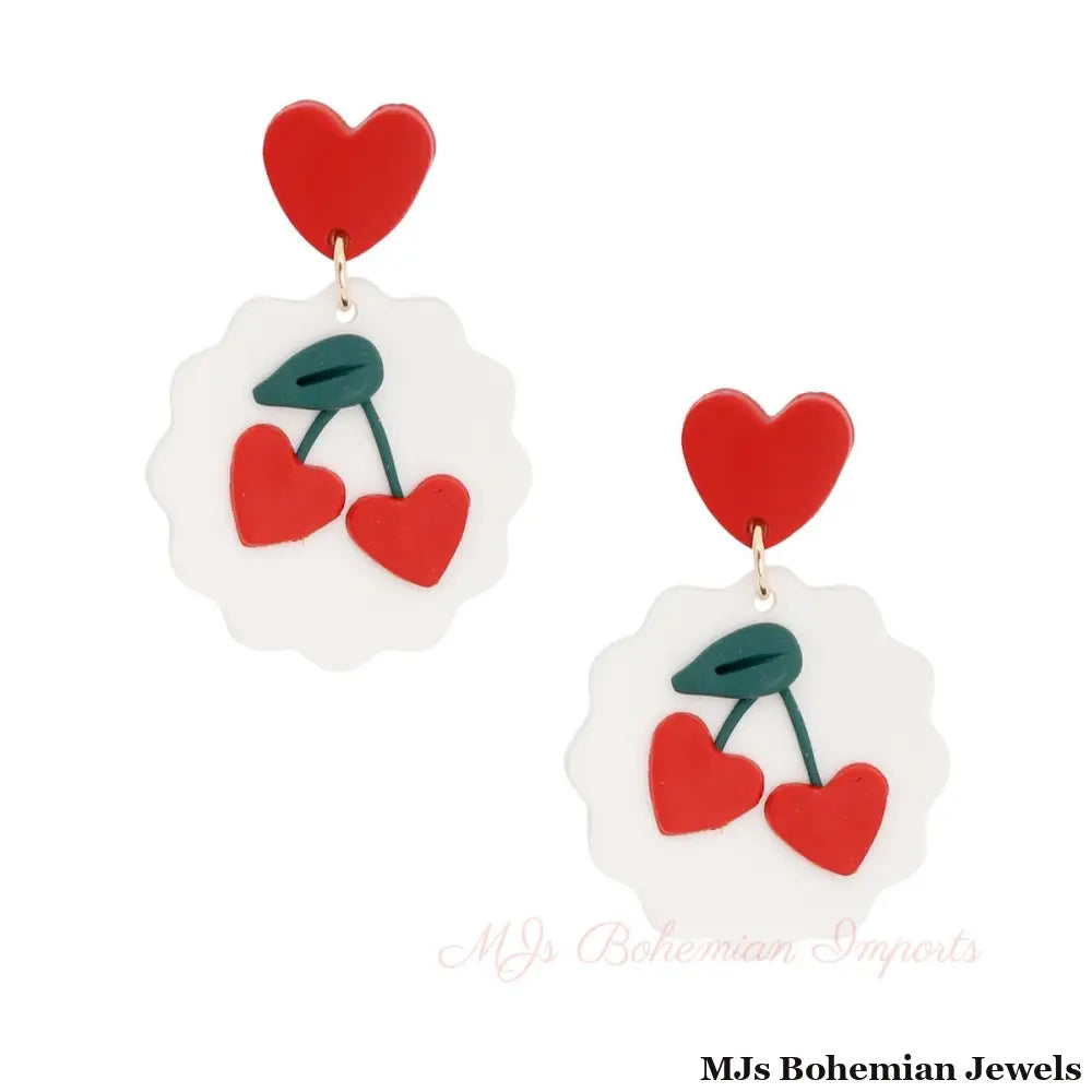 White and Red Clay Cherry Earrings