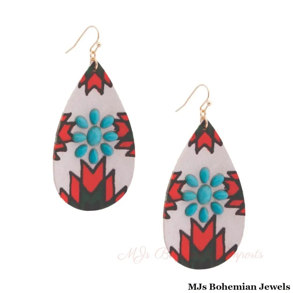 White and Red Western Teardrop Earrings
