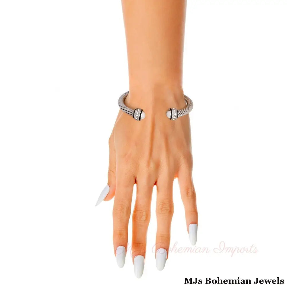 White Pearl Twisted Cable Silver Bangle