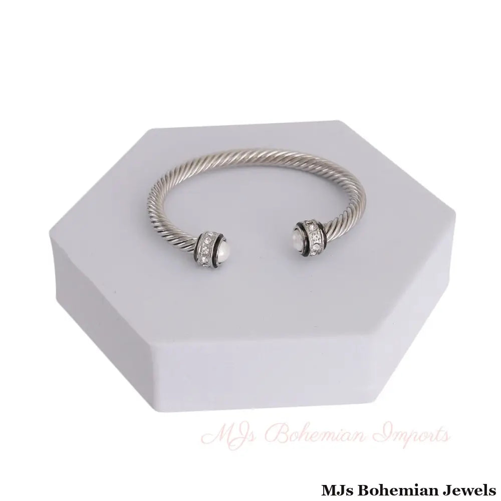White Pearl Twisted Cable Silver Bangle