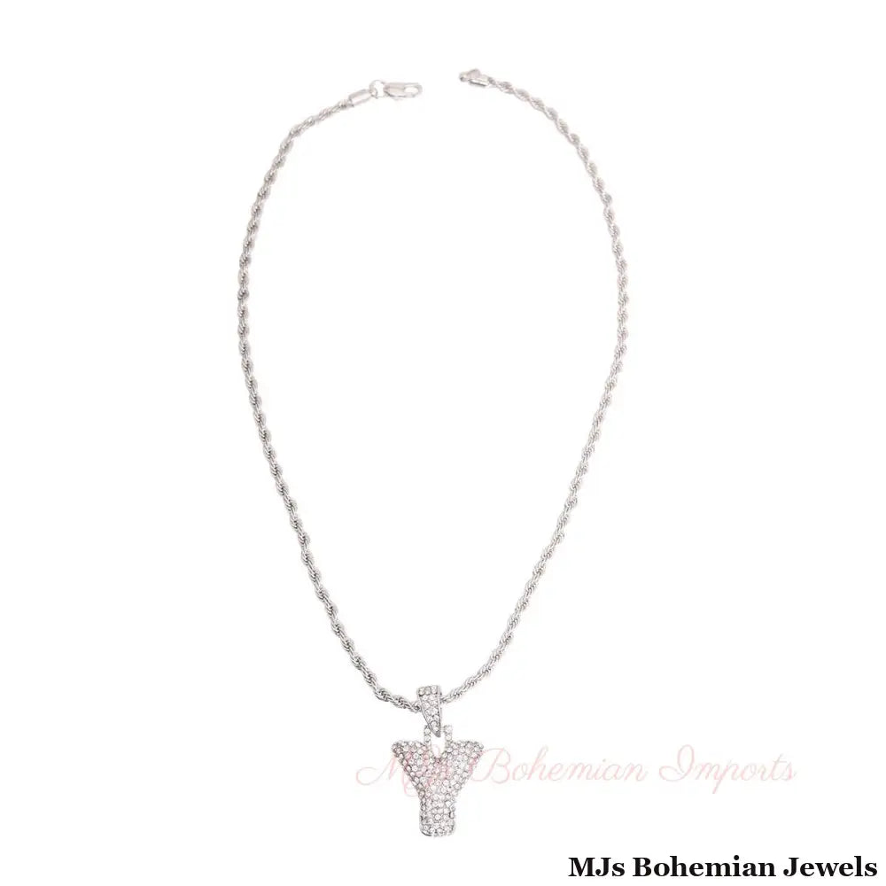 Y Rhinestone Silver Necklace