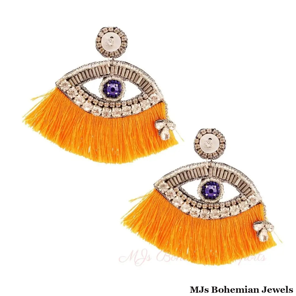 Yellow Tassel Rhinestone Eye Earrings