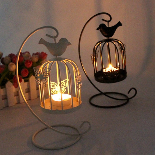 White Wrought Iron Birdcage Wind Lantern Butterfly Bird Metal Candle Holder