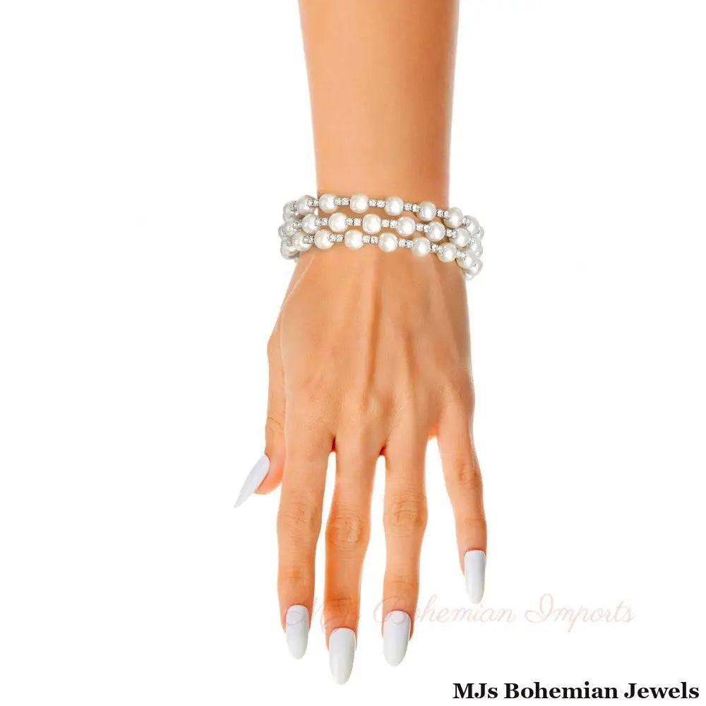 3 Row Silver Pearl Memory Bracelet