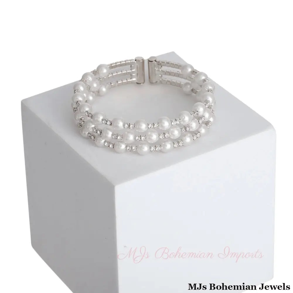 3 Row Silver Pearl Memory Bracelet