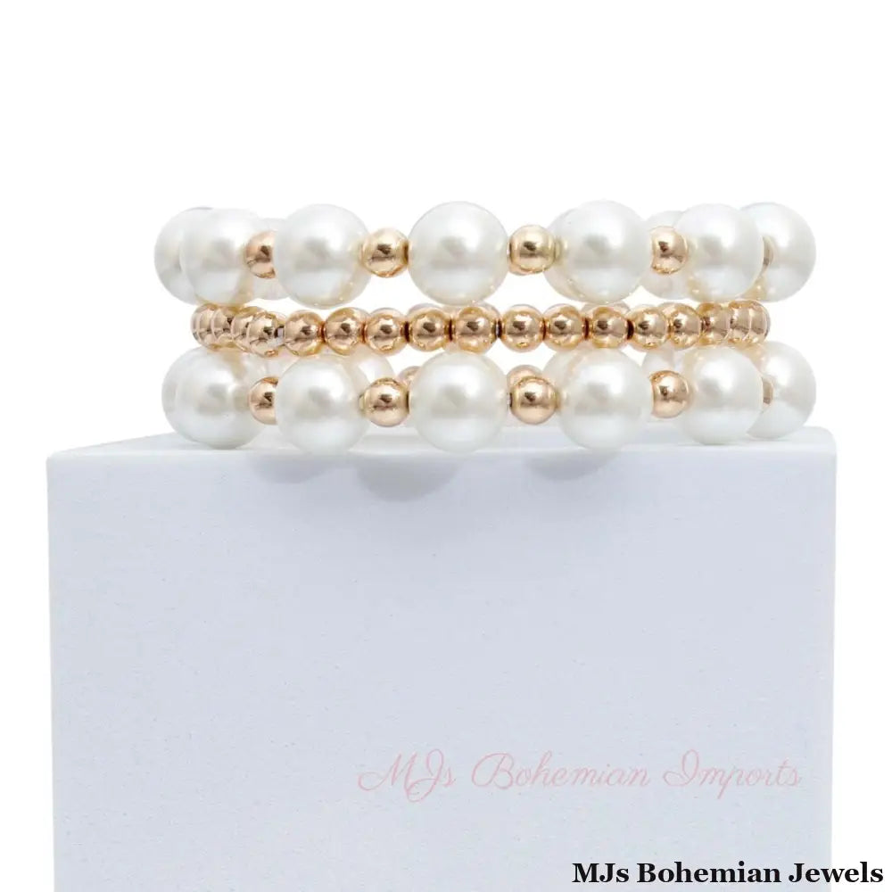 3 Strand Cream Pearl Gold Bracelets